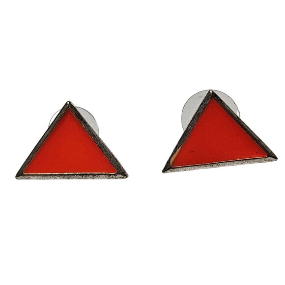 Retro Geometric Triangle Orange Silver Stud Earrings 80s 90s Fashion Jewelry - Picture 1 of 3